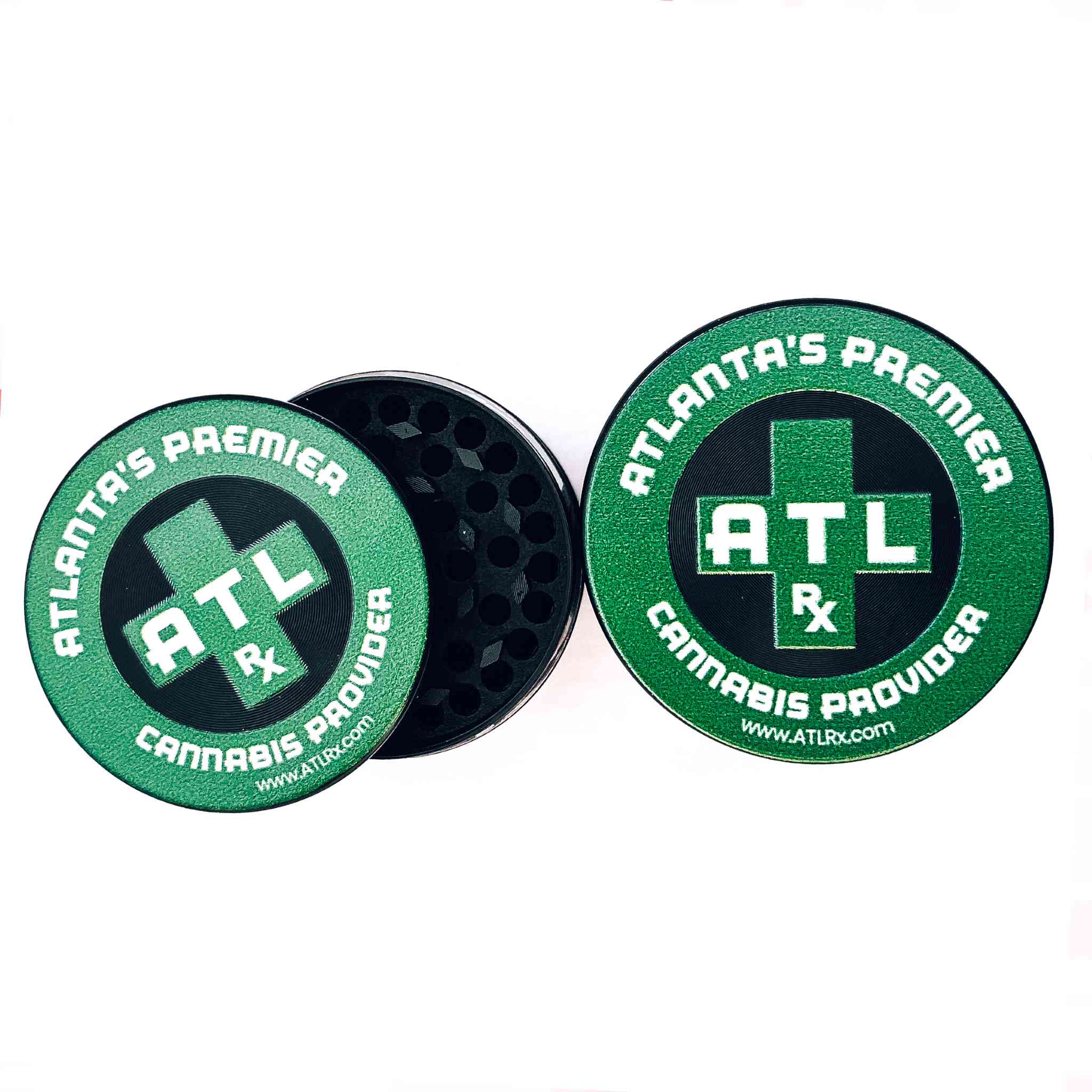 ATLRx herbal grinder with the green ATLRx logo